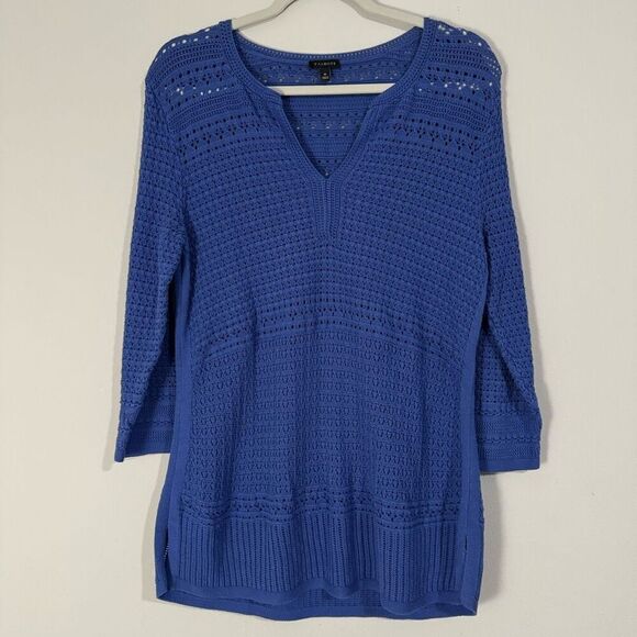 Talbots Blue Open Knit Half Sleeve V-Neck Pullover M - Picture 1 of 5
